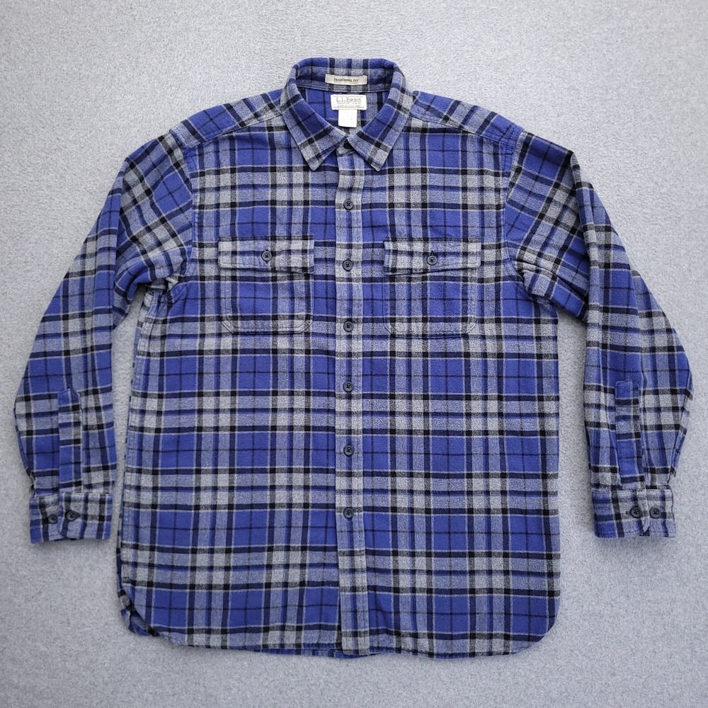 LL Bean Chamois Cloth Flannel Shirt Large Traditional Blue Plaid Outdoor Mens
